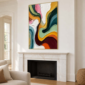 Tall multicolor abstract above a white fireplace.