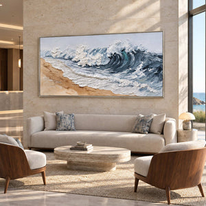 A Letter from the Waves in a silver frame above a neutral sofa and stone coffee table in a bright commercial lobby.