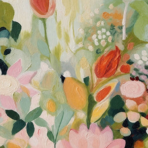 Close-up of raised hand-painted texture in green, pink & blush, and warm tones.