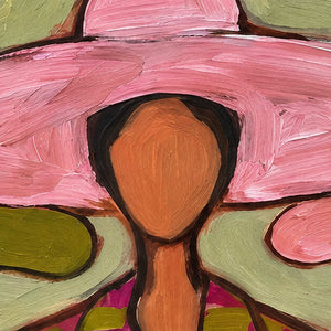 Close-up of A Meeting in Style showing broad pink hat strokes, an ochre face and dark contour lines against soft green.