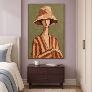 Resting-hand portrait over a burgundy bedside chest on a lavender wall.