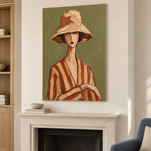 Poised figure painting above a pale fireplace with a blue chair at the side.