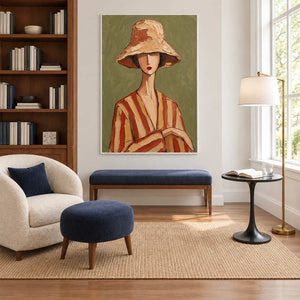 Warm striped portrait above a navy bench in a reading area with a cream chair.