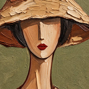 Close-up of layered pale hat strokes, short dark hair, red lips, and the long painted neck.