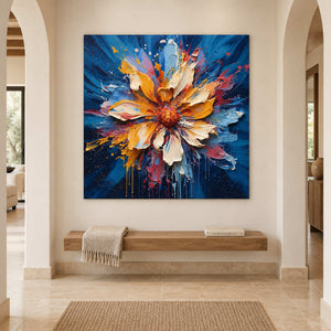 Bright central flower painting above a floating wood bench between arched doorways.