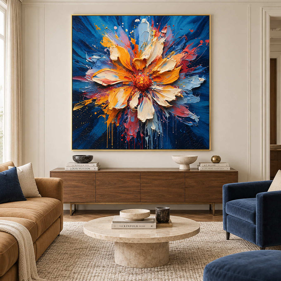 Vivid blue floral painting above a wood sideboard between tan and navy seating.