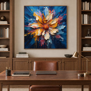 Colorful flower artwork behind a wood desk and leather chair between bookshelves.