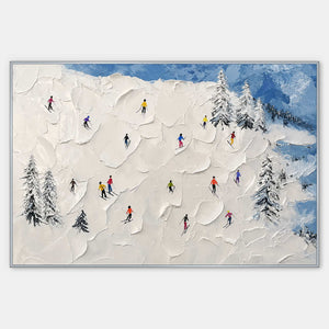 Hand-painted snowy mountain canvas with colorful skiers and pine trees.