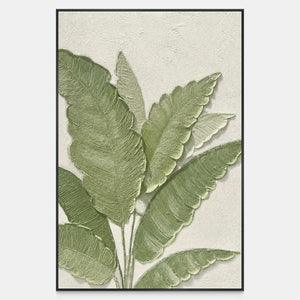 Vertical botanical wall art with raised green leaves on a pale textured background.
