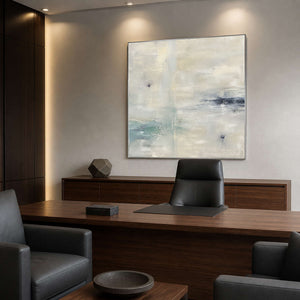 Luminous minimalist abstract artwork in a refined private office.