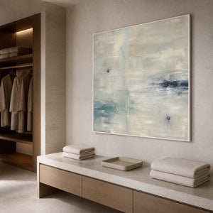 Ivory and misted aqua wall art in a serene spa dry area.
