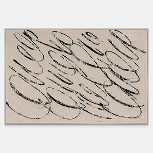 Horizontal abstract artwork with loose black loops over a warm pale textured ground.