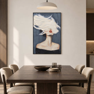 White-stroke portrait behind a dark dining table with pale upholstered chairs.