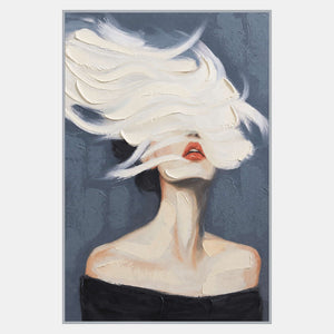 Portrait with white curling strokes covering the eyes, coral lips, raised chin, and black off-shoulder clothing on blue-gray.