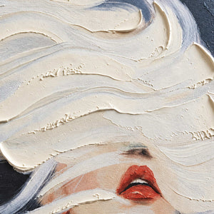 Close-up of raised white sweeping strokes above coral lips and a partly obscured face.