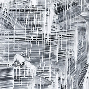 Close-up of thin white drips overlapping horizontal and curved gray brush marks.