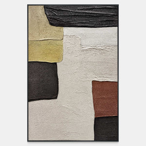 A Pause in the Afternoon, a vertical abstract painting with off-white open space bordered by ochre, rust, and charcoal blocks.