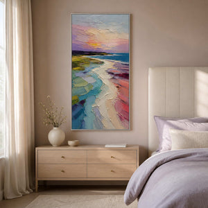 Pink and turquoise shoreline art displayed in a soft lavender bedroom.