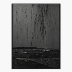 Charcoal rain marks descending over sculpted black terrain in a vertical composition.