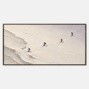 Hand-painted ski wall art with white, neutral, and blue tones.
