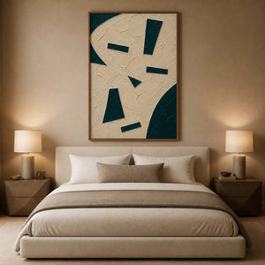Neutral textured abstract canvas styled above a calm modern bed.