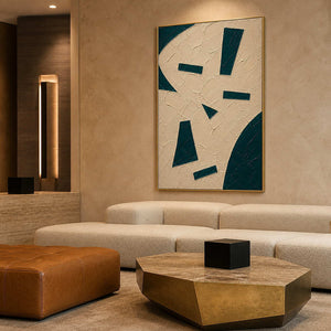 Green modern abstract painting in a warm boutique hotel lounge.