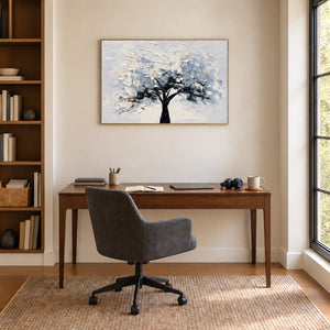 A Quiet Guardian in a gold frame above a wood desk and gray office chair beside built-in shelves.