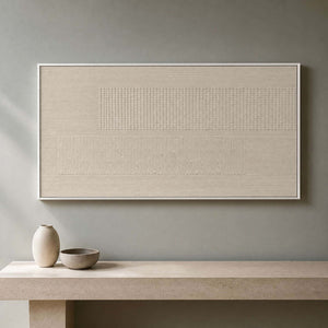 Warm ivory textured artwork above a limestone entryway console.