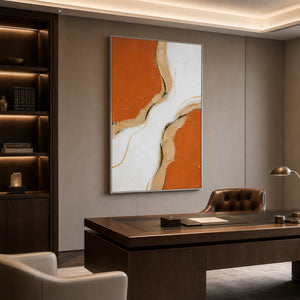 Vertical warm abstract wall art displayed in a dark wood office.
