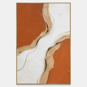 Vertical abstract wall art with flowing ivory, terracotta, sand, and gold.