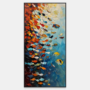 Dense orange and cream fish gather beside striped companions in open blue water.