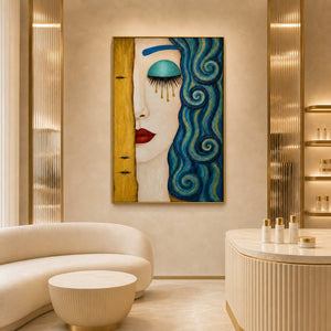 Textured portrait wall art displayed in a refined beauty flagship lounge.