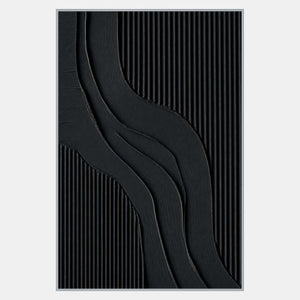 Tall nearly black abstract with broad S-shaped bands crossing fine vertical ridges.