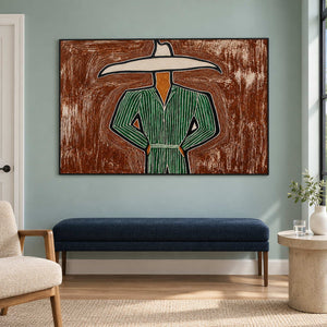 Green-striped figure above a blue bench against a muted green wall.