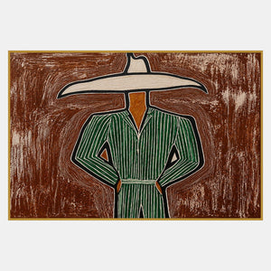 Front-facing figure with hands at the waist, green pinstriped clothing, and a wide cream hat against textured brown.