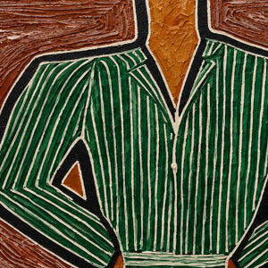 Close-up of green pinstripes, angular sleeves, and cream-edged dark outlines.