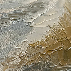 Close-up of gray river, ivory mist, and ochre paint texture.