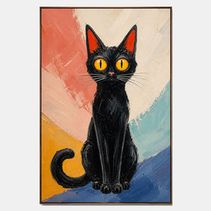 Hand-painted modern cat wall art with black, warm tones, and blue tones.