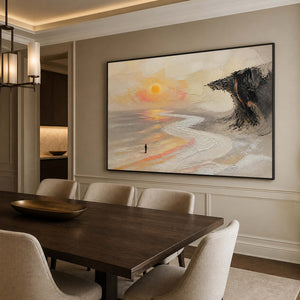 Warm sunset and cliff wall art displayed in a refined American dining room.