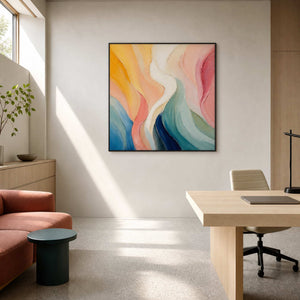 Textured pastel canvas displayed in a Los Angeles creative studio.