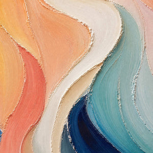 Close-up of raised peach, coral, ivory, seafoam, and blue curves.