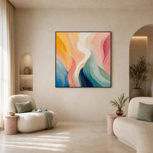 Soft colorful painting displayed in an Ibiza wellness club lounge.