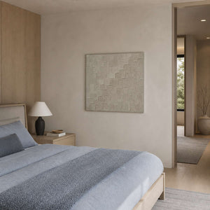 Textured square painting displayed in a mist-blue gray oak bedroom.