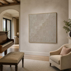 Neutral abstract wall art displayed in a warm beige walnut music room.