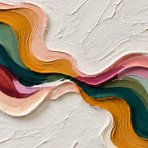 Close-up of the central meeting of green, ochre, pink, and burgundy curves.