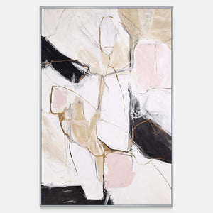 Vertical abstract artwork with fine lines, pale blush shapes, and bold black accents.