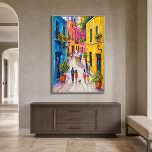 Vertical colorful street art creating a cheerful entryway focal point.