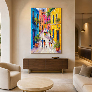 Bright textured cityscape wall art displayed in a minimalist hotel lobby.