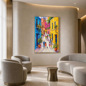 Vibrant cityscape wall art bringing color to a boutique hotel waiting area.