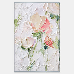 Raised pink and cream flowers rise on slender green stems against textured white.